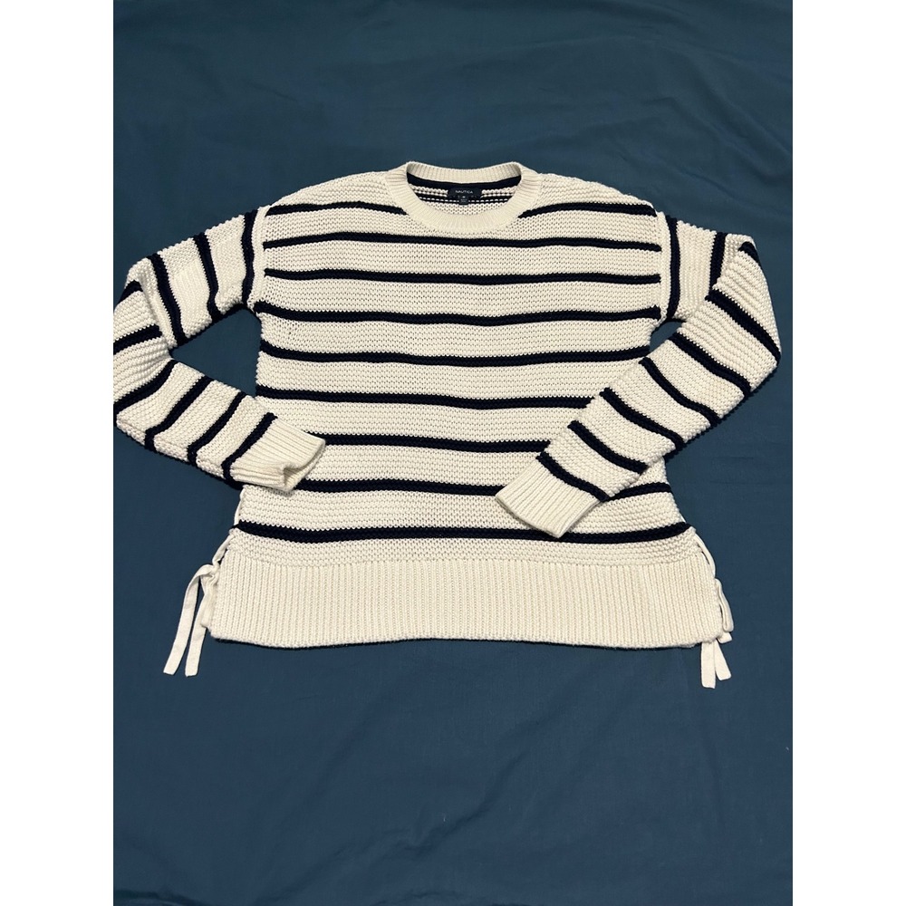 Nautica Womens Striped 100% Cotton Sweater Laced Sides nautical coastal Size M